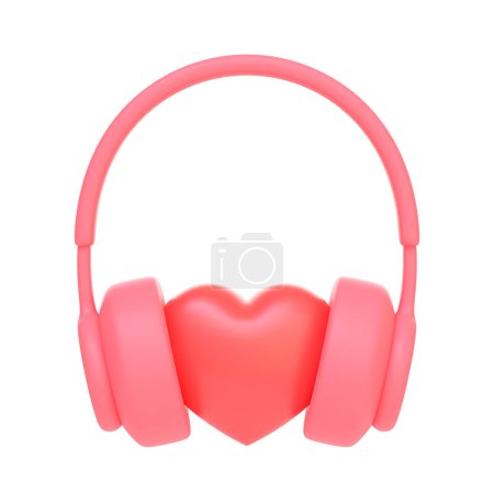 Photo for Cartoon headphones with heart isolated on white background. Minimal creative concept. 3D render illustration - Royalty Free Image