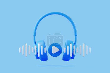 Photo for Cartoon headphones with play symbol and sound wave on blue background. Minimal creative concept. 3D render illustration - Royalty Free Image