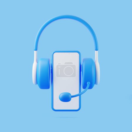 Téléchargez les photos : Écouteurs de bande dessinée et smartphone volant sur fond bleu. Concept créatif minimal. Illustration de rendu 3D - en image libre de droit