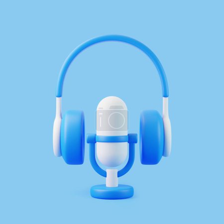 Photo for Cartoon microphone and headphones flying on blue background. Minimal creative concept. 3D render illustration - Royalty Free Image