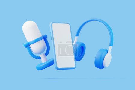 Foto de Micrófono de dibujos animados, auriculares y teléfonos inteligentes volando sobre fondo azul. Concepto creativo mínimo. Ilustración de representación 3D - Imagen libre de derechos