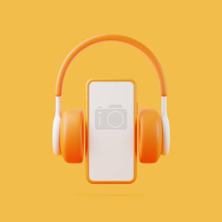 Foto de Auriculares de dibujos animados y teléfonos inteligentes volando sobre fondo naranja. Concepto creativo mínimo. Ilustración de representación 3D - Imagen libre de derechos