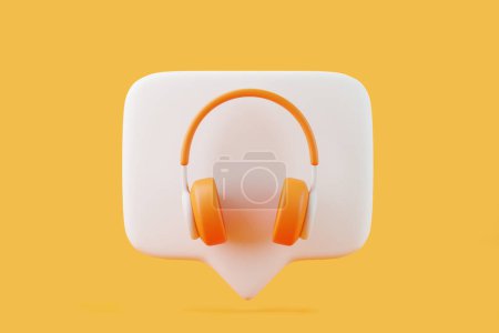 Téléchargez les photos : Écouteurs de bande dessinée avec message à bulle vocale volant sur fond orange. Centre d'appels et support client en ligne. Concept créatif minimal. Illustration de rendu 3D - en image libre de droit