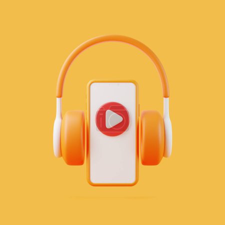Photo for Cartoon smartphones with play symbol flying on orange background. Concept of listening to music, radio, podcasts and books. Minimal creative concept. 3D render illustration - Royalty Free Image