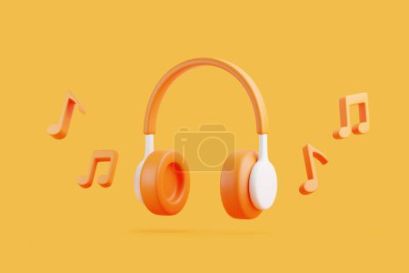 Téléchargez les photos : Écouteurs de bande dessinée et note de mélodie volant sur fond orange. Concept d'écoute de musique, radio, podcasts et livres. Concept créatif minimal. Illustration de rendu 3D - en image libre de droit