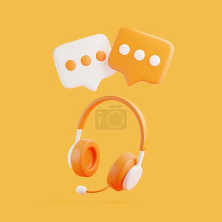 Téléchargez les photos : Écouteurs de bande dessinée avec message à bulle vocale volant sur fond orange. Centre d'appels et support client en ligne. Concept créatif minimal. Illustration de rendu 3D - en image libre de droit