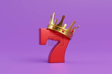 Foto de Rojo siete afortunado con una corona de oro sobre un fondo púrpura. Símbolo del casino. Ilustración de representación 3D - Imagen libre de derechos