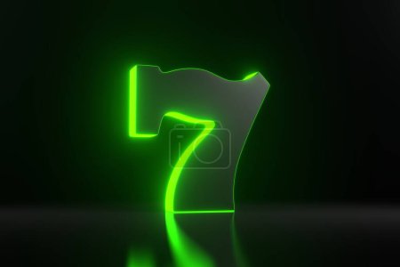 Foto de Siete afortunados con luces verde neón sobre fondo negro. Símbolo del casino. Ilustración de representación 3D - Imagen libre de derechos