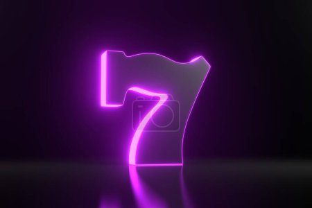 Photo for Lucky seven with neon purple lights on black background. Casino symbol. 3D render illustration - Royalty Free Image