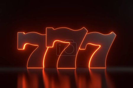 Foto de Tres sietes afortunados con luces naranjas de neón sobre fondo negro. Símbolo del casino. Ilustración de representación 3D - Imagen libre de derechos