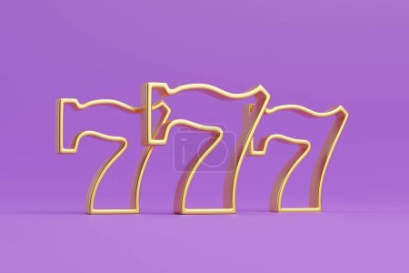Photo for Three golden lucky sevens on a purple background. Casino symbol. 3D render illustration - Royalty Free Image