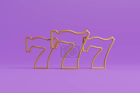Foto de Tres sietes de la suerte dorada sobre un fondo púrpura. Símbolo del casino. Ilustración de representación 3D - Imagen libre de derechos