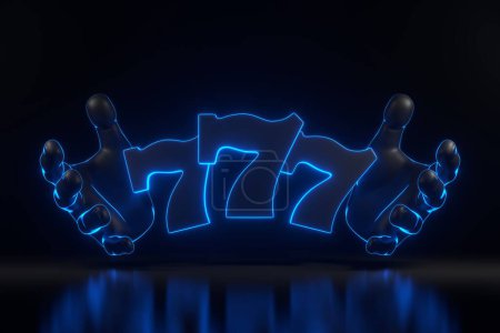 Téléchargez les photos : Les mains étendent à trois sept chanceux avec néon lumières bleues sur fond noir. Symbole de casino. Illustration de rendu 3D - en image libre de droit