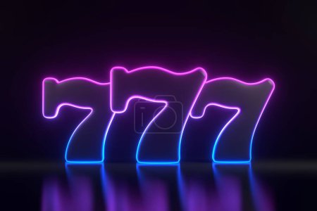 Foto de Tres sietes de la suerte con luces de color azul neón y rosa sobre fondo negro. Símbolo del casino. Ilustración de representación 3D - Imagen libre de derechos