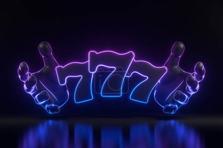 Téléchargez les photos : Mains étendent à trois sept chanceux avec néon bleu et rose lumières sur fond noir. Symbole de casino. Illustration de rendu 3D - en image libre de droit