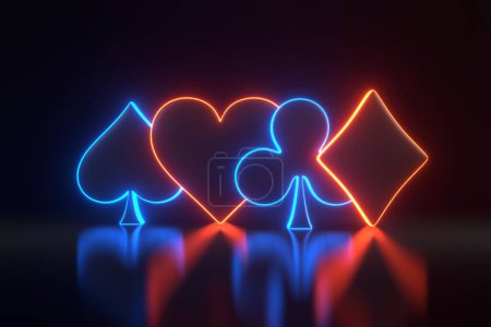 Photo for Aces cards symbols with futuristic neon blue and red lights on a black background. Club, diamond, heart and spade icon. 3D render illustration - Royalty Free Image