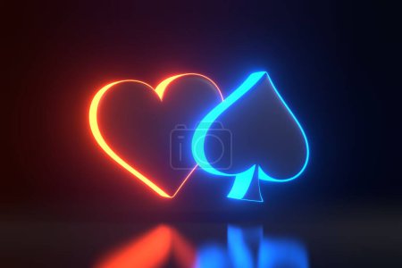 Photo for Aces cards symbols with futuristic neon blue and red lights on a black background. Heart and spade icon. 3D render illustration - Royalty Free Image