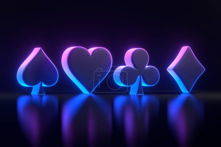 Foto de Ases cartas símbolos con luces futuristas de color azul neón y rosa sobre un fondo negro. Club, diamante, corazón e icono de la pala. Ilustración de representación 3D - Imagen libre de derechos