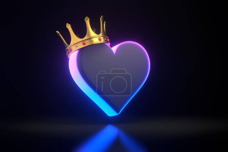 Photo for Aces cards symbols with futuristic neon blue and pink lights on a black background. Heart icon with golden crown. 3D render illustration - Royalty Free Image