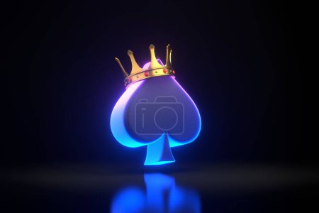 Photo for Aces cards symbols with futuristic neon blue and pink lights on a black background. Spade icon with golden crown. 3D render illustration - Royalty Free Image