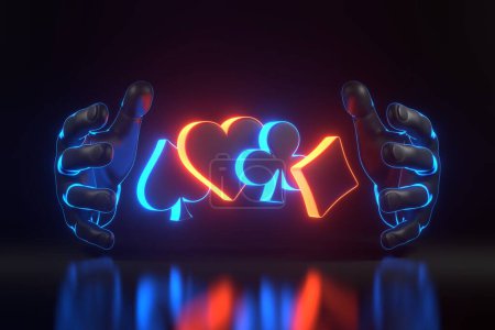Photo for Aces cards symbols with futuristic neon blue and red lights on a black background. Club, diamond, heart and spade icon with hands. 3D render illustration - Royalty Free Image