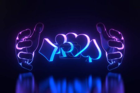 Photo for Aces cards symbols with futuristic neon blue and pink lights on a black background. Club, diamond, heart and spade icon with hands. 3D render illustration - Royalty Free Image