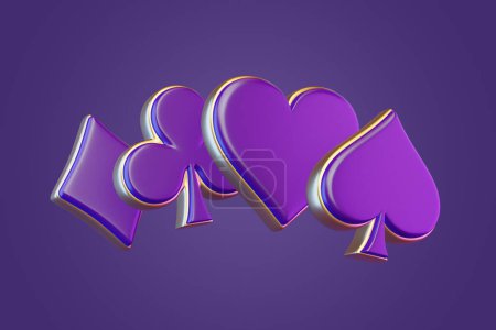 Foto de Cartas de ases símbolos sobre fondo púrpura. Club, diamante, corazón e icono de la pala. Ilustración de representación 3D - Imagen libre de derechos