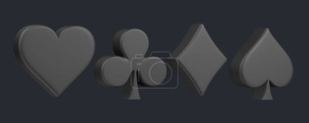 Foto de Cartas de ases símbolos sobre fondo negro. Club, diamante, corazón e icono de la pala. Ilustración de representación 3D - Imagen libre de derechos