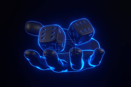 Photo for Two rolling gambling dice and hand with futuristic neon blue lights on a black background. Lucky dice. Board games. Money bets. 3D render illustration - Royalty Free Image
