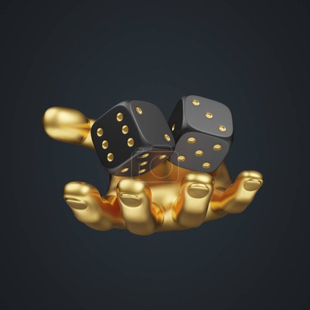 Foto de Dos dados de juego rodando negro con mano dorada sobre un fondo negro. Dados afortunados. Juegos de mesa. Apuestas de dinero. Ilustración de representación 3D - Imagen libre de derechos