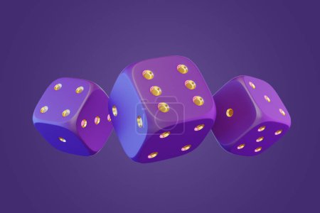 Photo for Three purple rolling gambling dice on a purple background. Lucky dice. Board games. Money bets. 3D render illustration - Royalty Free Image