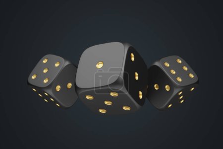 Photo for Three black rolling gambling dice on a black background. Lucky dice. Board games. Money bets. 3D render illustration - Royalty Free Image