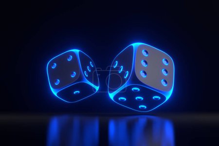 Téléchargez les photos : Deux dés de jeu roulants avec des lumières bleu néon futuriste sur un fond noir. Des dés chanceux. Jeux de société. Les paris d'argent. Illustration de rendu 3D - en image libre de droit