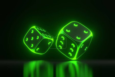 Photo for Two rolling gambling dice with futuristic neon green lights on a black background. Lucky dice. Board games. Money bets. 3D render illustration - Royalty Free Image