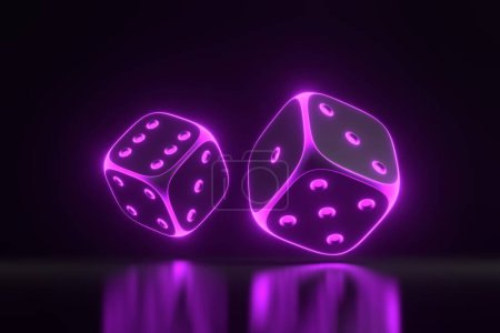 Photo for Two rolling gambling dice with futuristic neon purple lights on a black background. Lucky dice. Board games. Money bets. 3D render illustration - Royalty Free Image