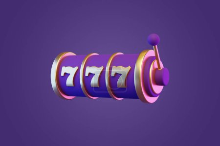 Photo for Slot machine on a purple background. Lucky seven symbol. Casino concept. 3D render illustration - Royalty Free Image
