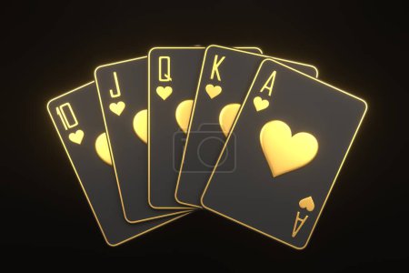 Téléchargez les photos : Jouer aux cartes sur un fond noir. Cartes de casino, blackjack, poker. Vue de face. Illustration de rendu 3D - en image libre de droit