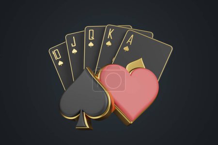 Photo for Playing cards with aces cards symbols on a black background. Spade and heart icon. Casino cards, blackjack, poker. 3D render illustration - Royalty Free Image