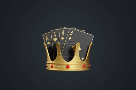 Foto de Jugando a las cartas con corona dorada sobre fondo negro. Tarjetas de casino, blackjack, póquer. Ilustración de representación 3D - Imagen libre de derechos