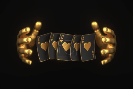 Jugar a las cartas con la mano dorada sobre un fondo negro. Tarjetas de casino, blackjack, póquer. Ilustración de representación 3D