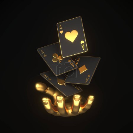 Foto de Jugar a las cartas con la mano dorada sobre un fondo negro. Tarjetas de casino, blackjack, póquer. Ilustración de representación 3D - Imagen libre de derechos