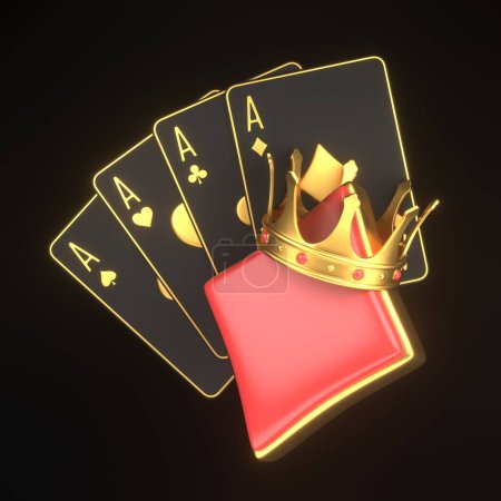Foto de Jugar a las cartas con ases símbolos de cartas y corona de oro sobre un fondo negro. Icono de diamante. Tarjetas de casino, blackjack, póquer. Ilustración de representación 3D - Imagen libre de derechos