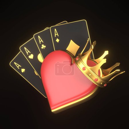 Foto de Jugar a las cartas con ases símbolos de cartas y corona de oro sobre un fondo negro. Icono del corazón. Tarjetas de casino, blackjack, póquer. Ilustración de representación 3D - Imagen libre de derechos