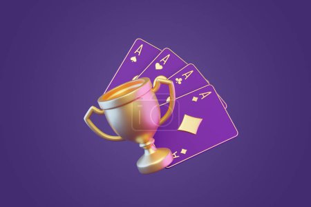 Téléchargez les photos : Jouer aux cartes avec coupe trophée sur un fond violet. Cartes de casino, blackjack, poker. Illustration de rendu 3D - en image libre de droit