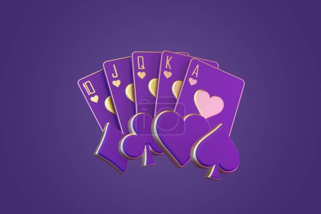Téléchargez les photos : Jouer aux cartes avec des symboles de cartes as sur un fond violet. Cartes de casino, blackjack, poker. Illustration de rendu 3D - en image libre de droit