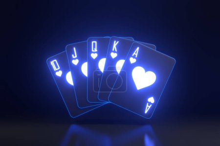 Téléchargez les photos : Jouer aux cartes avec des néons futuristes lumières bleues sur un fond noir. Cartes de casino, blackjack, poker. Vue de face. Illustration de rendu 3D - en image libre de droit