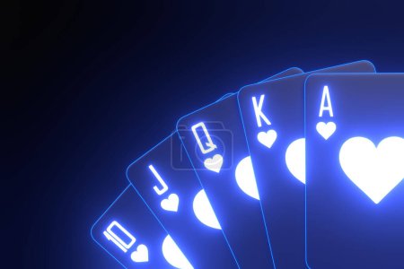 Téléchargez les photos : Jouer aux cartes avec des néons futuristes lumières bleues sur un fond noir. Cartes de casino, blackjack, poker. Illustration de rendu 3D - en image libre de droit