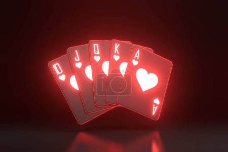 Téléchargez les photos : Jouer aux cartes avec des lumières rouges néon futuriste sur un fond noir. Cartes de casino, blackjack, poker. Illustration de rendu 3D - en image libre de droit