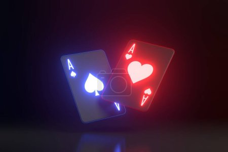 Téléchargez les photos : Cartes à jouer avec des néons futuristes lumières rouges et bleues sur fond noir. Cartes de casino, blackjack, poker. Illustration de rendu 3D - en image libre de droit
