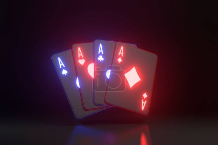 Téléchargez les photos : Cartes à jouer avec des néons futuristes lumières rouges et bleues sur fond noir. Cartes de casino, blackjack, poker. Illustration de rendu 3D - en image libre de droit